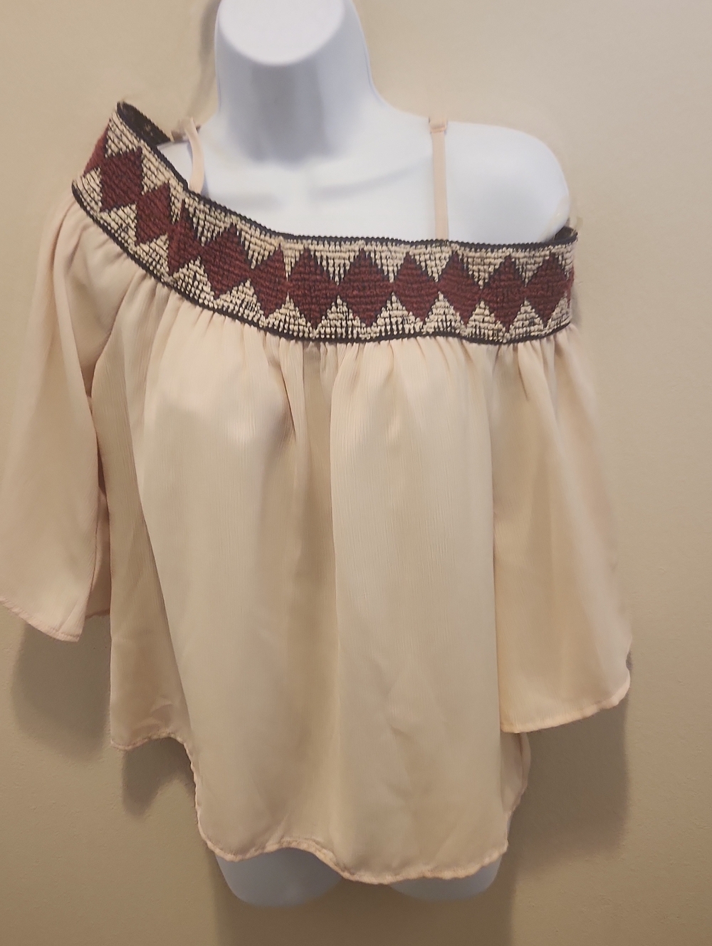 Maurices Cream Off-Shoulder Blouse with Brown Embroidered Trim